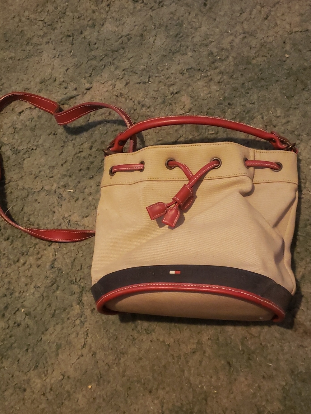 Tommy Hilfiger Beige Canvas Crossbody with Red Leather Trim and Navy Band